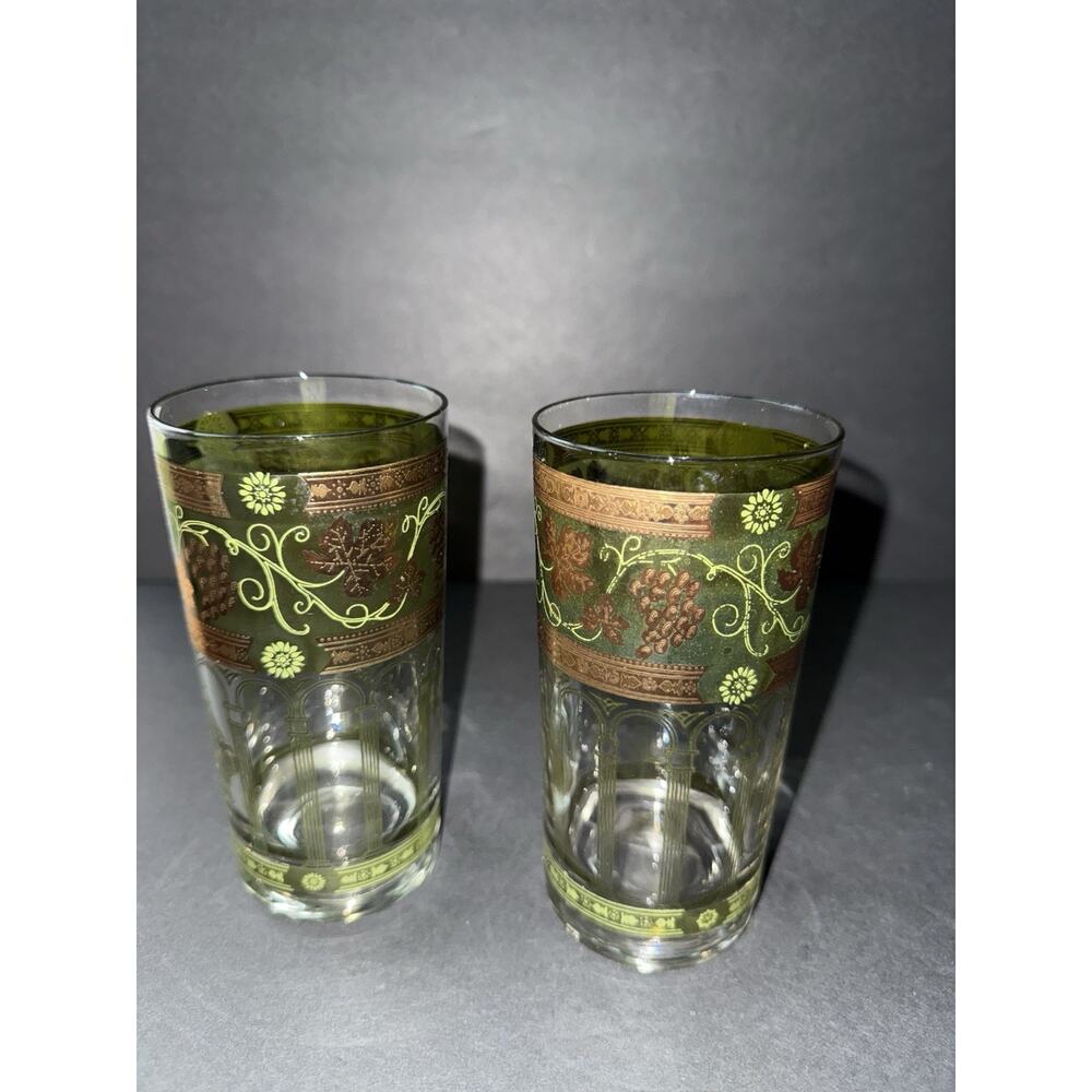 Vintage Cera Golden Grapes Green 22k Gold-Gild Highball Drink Glasses Set (2)